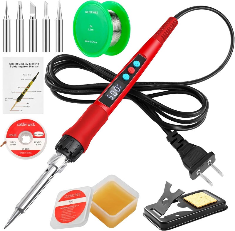 Q-MING Soldering Iron Kit, 100W LED Digital Solder Gun kits with Ceramic Heater, Adjustable Temperature Welding Tools with Tips, Wick Braid, Stand, Solders Wire, Sponge, Flux Paste, Red - Image 1